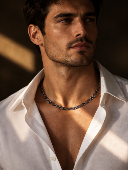 Man wearing the Vexa snake print necklace in Python Brown