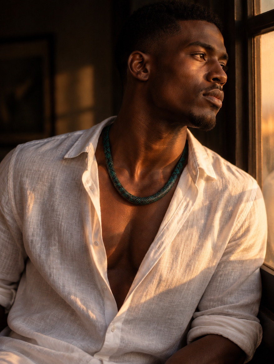 Man wearing the Vexa snake print necklace in Emerald Green