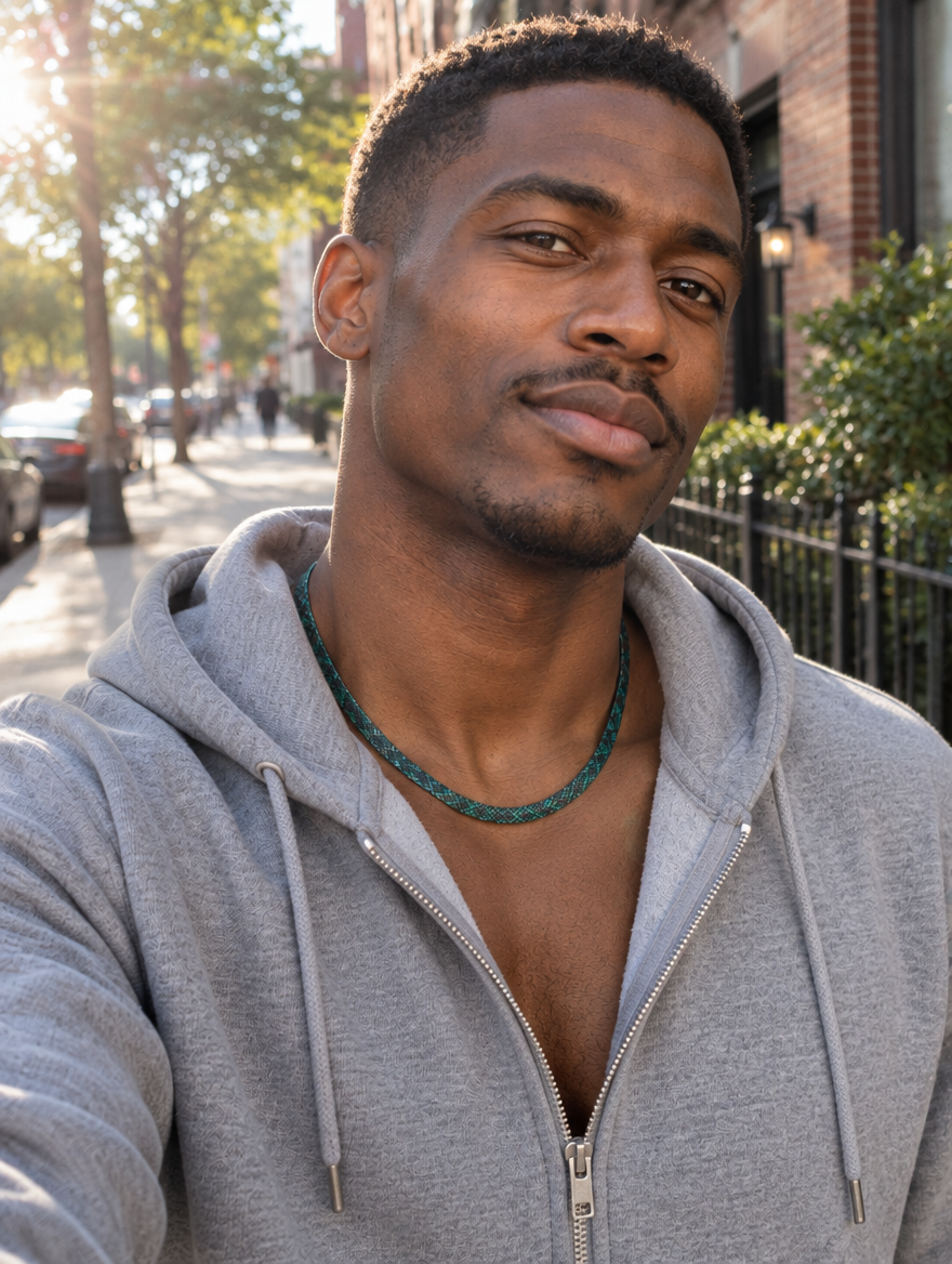 Casual customer wearing Vexa emerald green necklace
