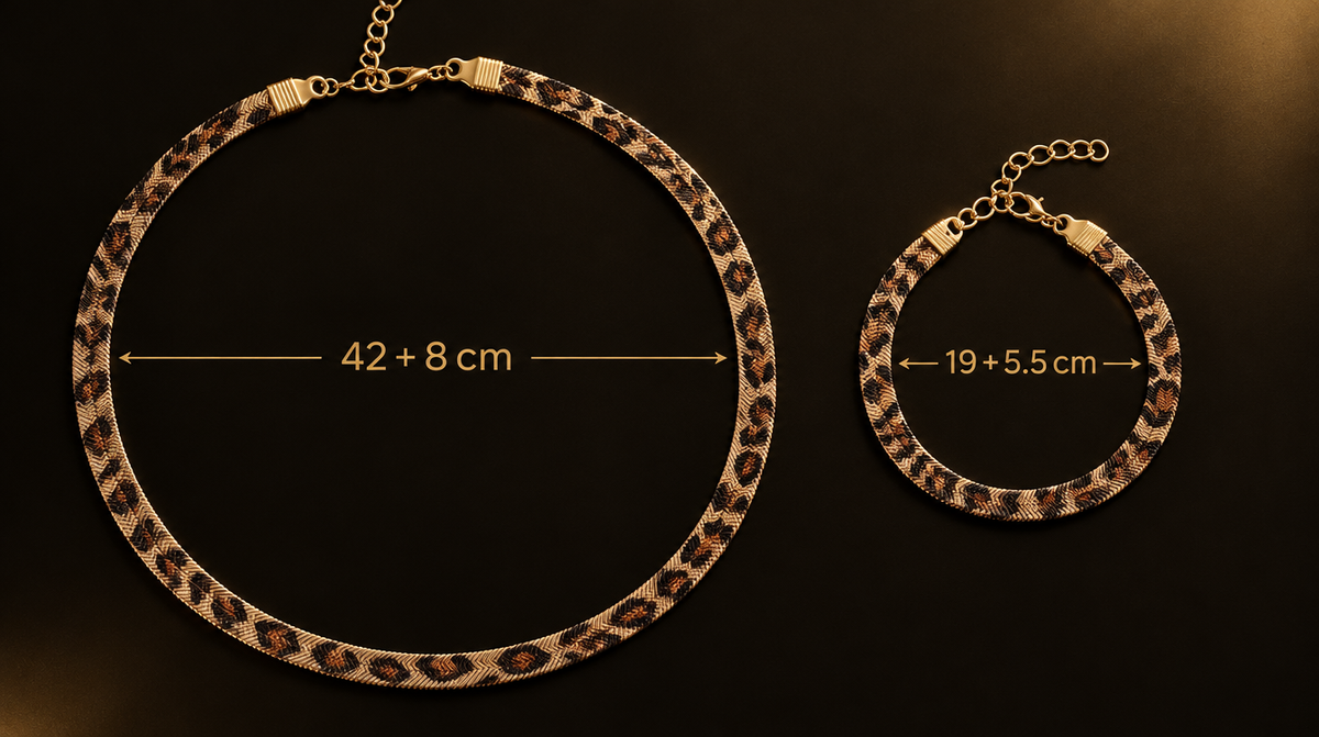 Vexa size chart: necklace 42 + 8 cm, bracelet 19 + 5.5 cm
